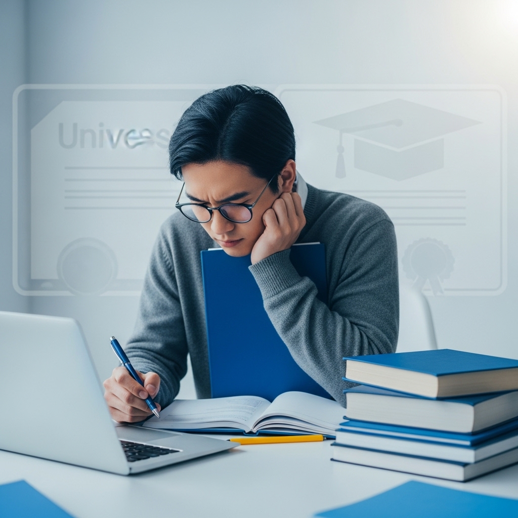 노트북으로 한국장학재단 장학금을 성공적으로 신청하며 환하게 웃는 대학생의 모습. 주변에는 책과 학용품이 놓여있고, 졸업모와 학위증이 배경으로 보여 학업 성취와 재정 지원을 상징합니다. 파란색과 회색 톤이 조화로운 밝고 희망찬 분위기입니다.