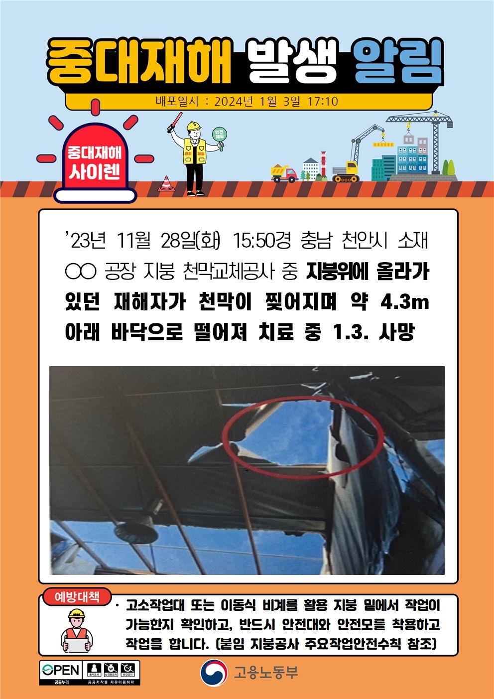 지붕위에 올라가 작업중 천막이 찢어지며 떨어짐(4.3m)