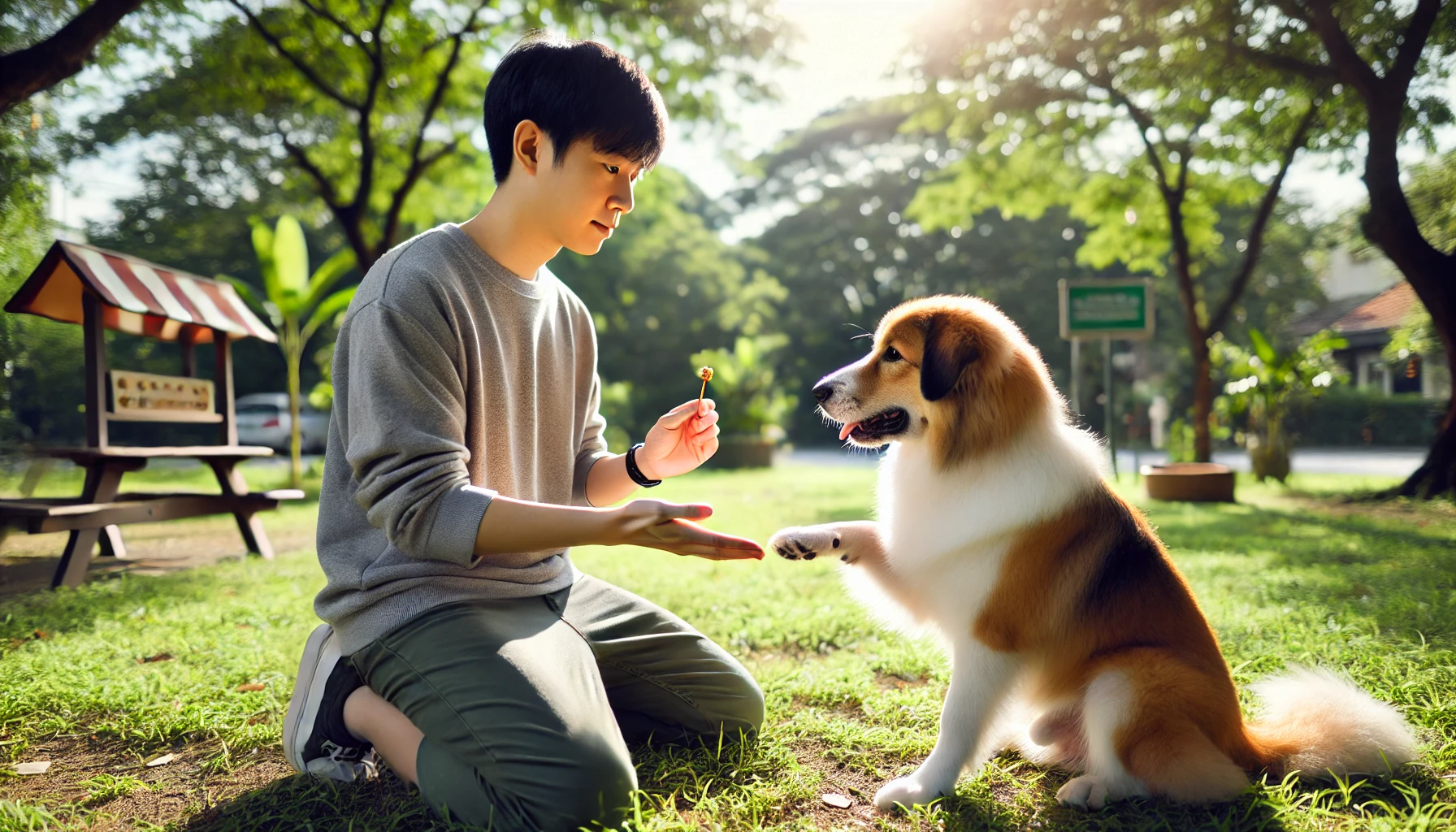 보호자가 강아지 에게 간식을 주며 훈련하는 장면.