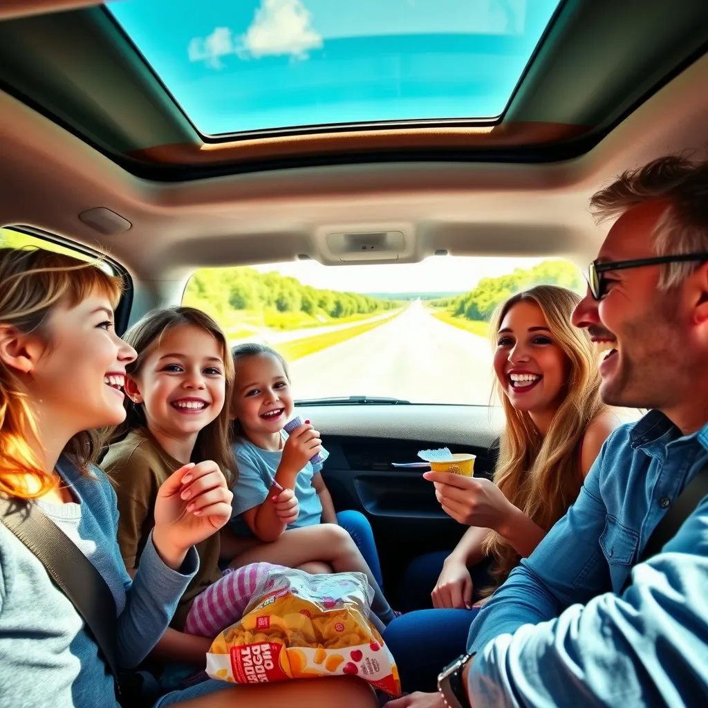 차량 내부에서 아이들이 창밖을 바라보며 웃거나, 부모님과 함께 간식을 먹으며 대화하는 등 화목하고 행복한 여행 분위기를 연출합니다. 배경으로는 시원하게 뻗은 고속도로 풍경이 좋습니다.