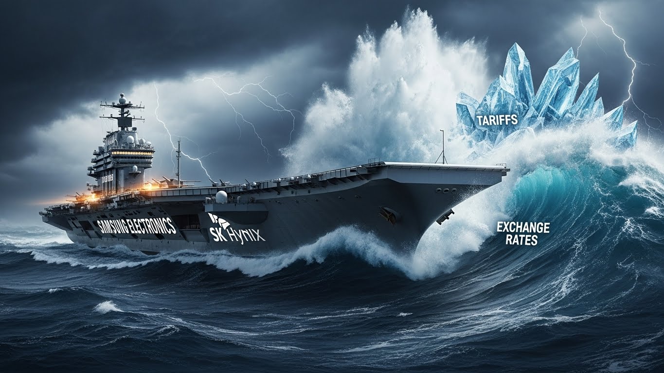 A giant aircraft carrier (Samsung ElectronicsSK Hynix) in the middle of a stormy sea. Dynamic image of breaking through rough waves (tariffsexchange rates). Dark clouds and lightning in the sky.