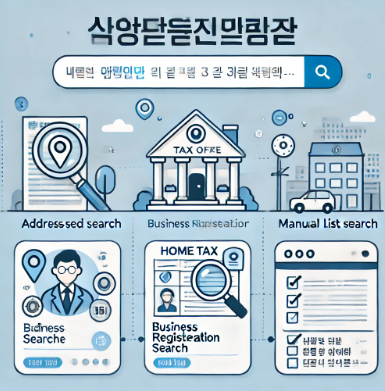 주소 검색, 사업자번호 검색, 세무서 리스트 수동 조회 방법이 아이콘과 함께 구성됨
