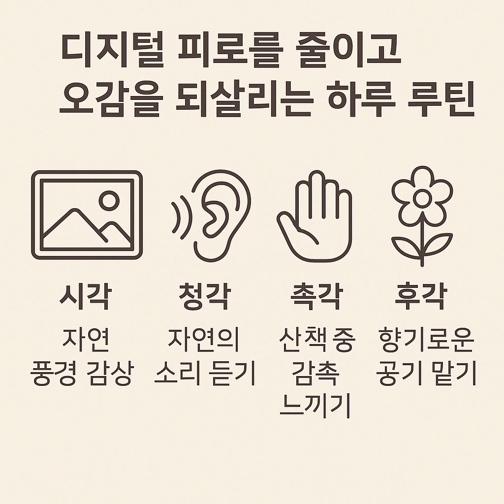 디지털 피로를 줄이고 오감을 되살리는 하루 루틴을 설명한
인포그래픽