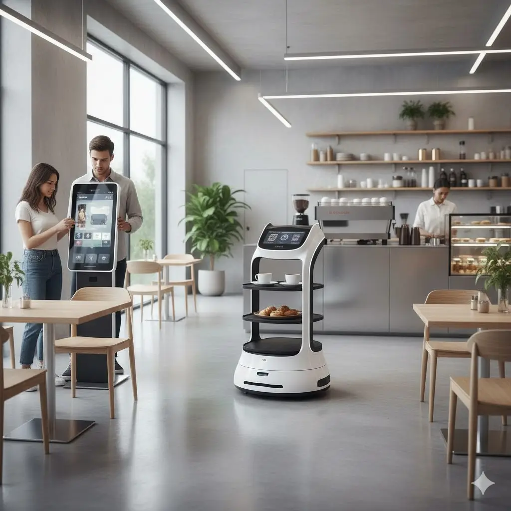 '카페에서 서빙 로봇이 서빙하고 손님이 키오스크로 주문하는 깔끔한 매장 이미지'