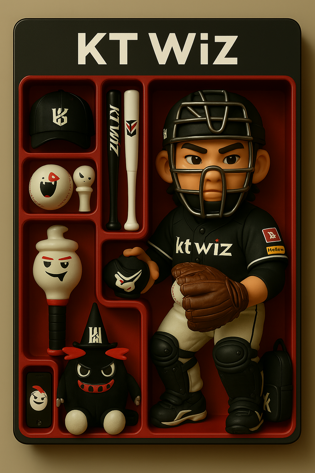 위 프롬프트를 입력한 후 피규어 상자로 완성된 KT위즈 피규어 세트