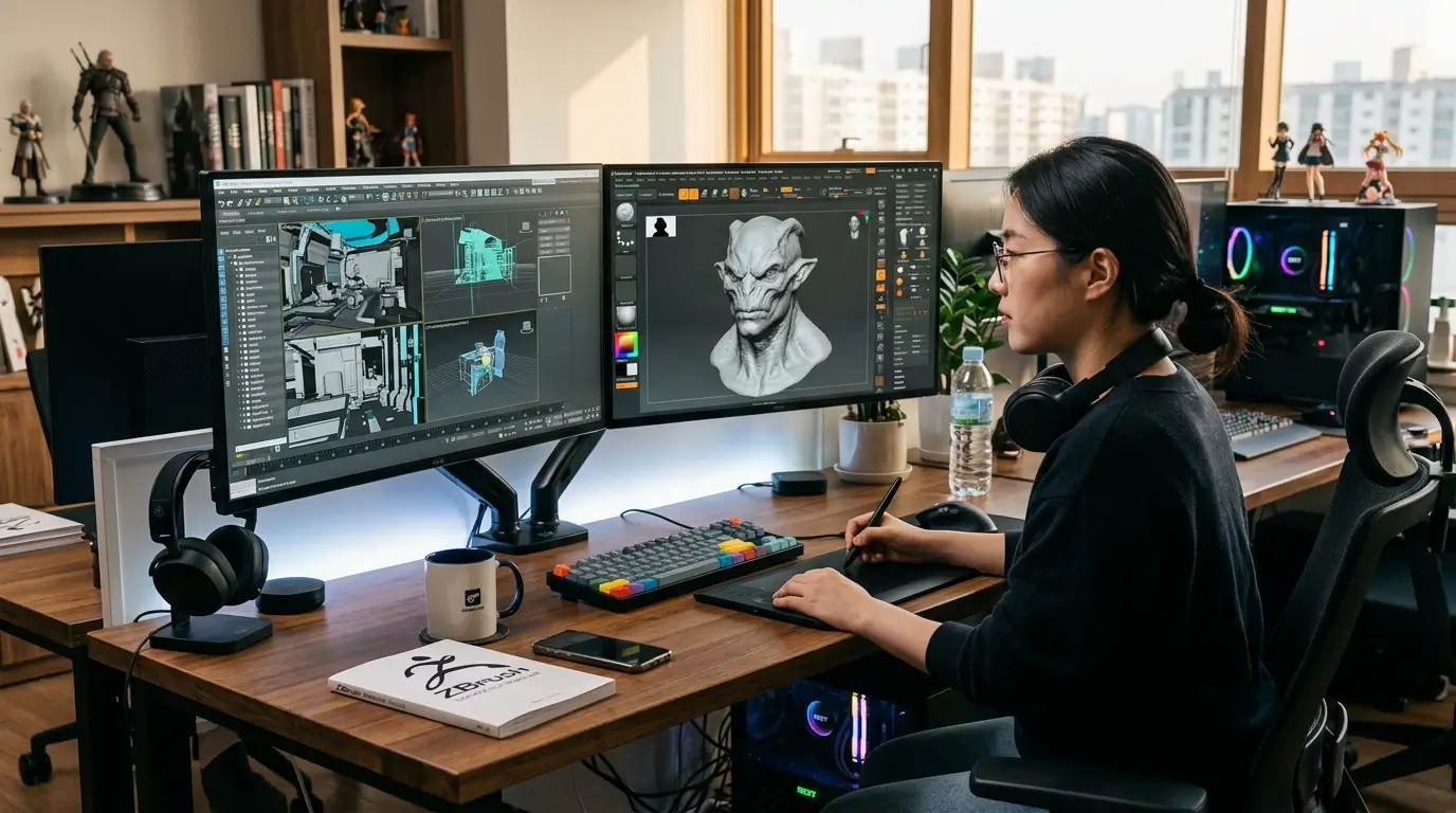 고사양 듀얼 모니터 환경에서 3ds 맥스와 지브러시를 활용해 쾌적하게 실무 작업 중인 3D 모델러의 데스크
