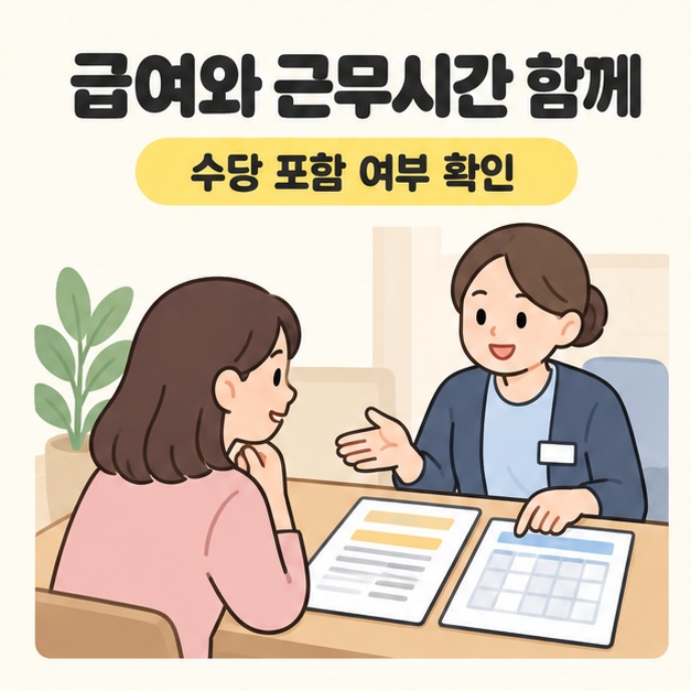 급여와 근무시간 함께 문구 아래 요양기관 담당자가 구직자에게 급여 안내와 근무 일정 문서를 설명하는 모습