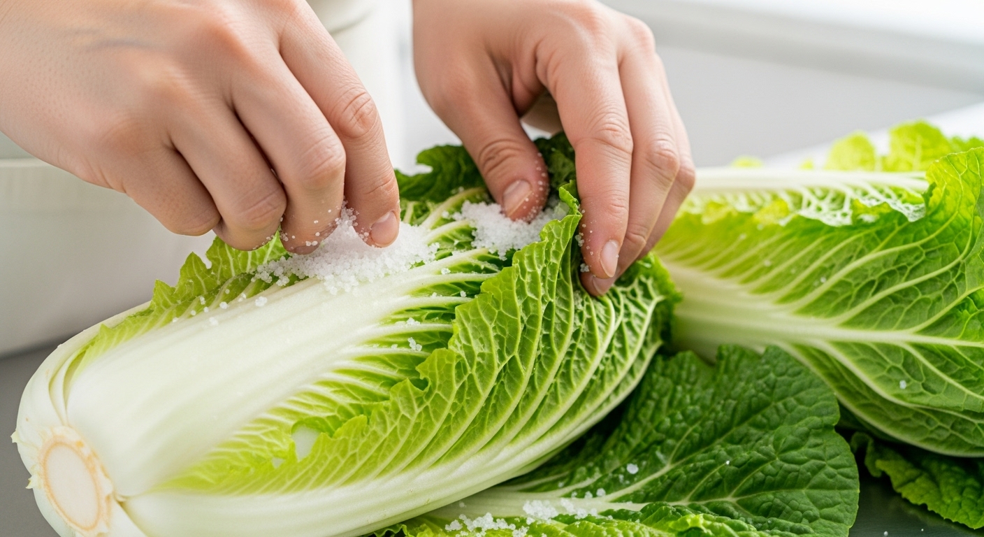 손으로 직접 배추를 정성껏 절이는 모습