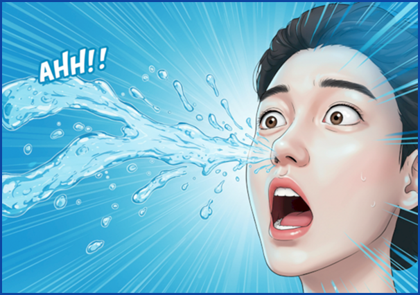 코 세척 후 코가 뻥 뚫리는 듯한 시원함과 해방감을 느끼는 사람의 표정을 담은 밝고 역동적인 일러스트.