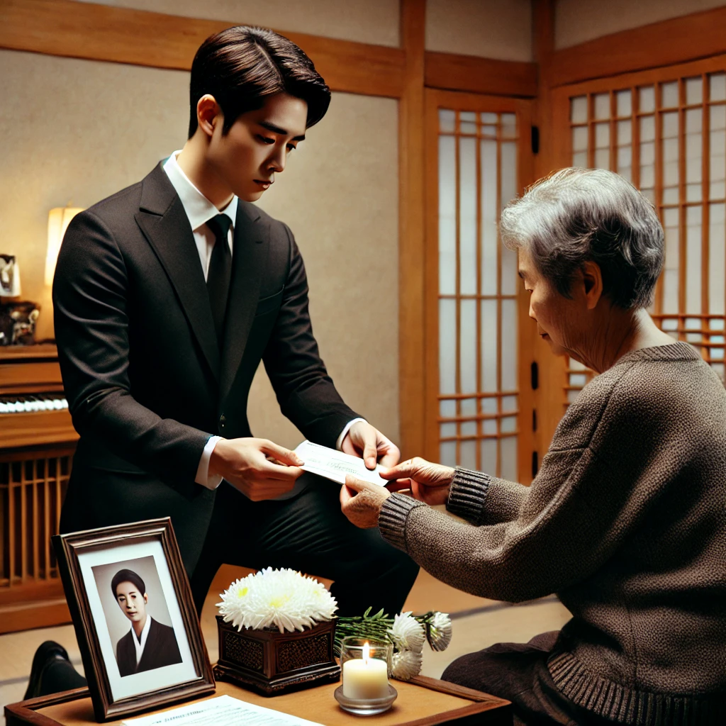 한 가정집 에서 남동생이 삼촌의 유족연금 신청서 서류를 어머니에게 주는 장면이다 