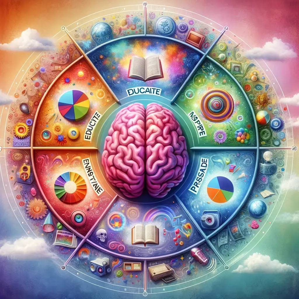 콘텐츠 제작의 목적 중심 특성을 시각화하는 개념적 디지털 그림