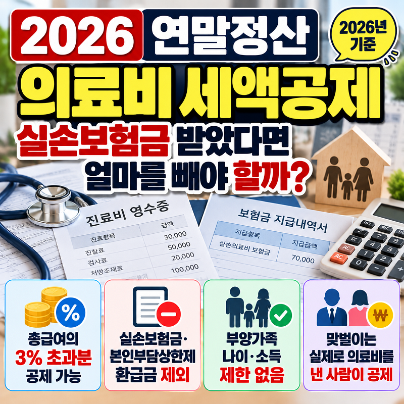 2026 연말정산 의료비 세액공제 실손보험금 부모님 맞벌이 기준
