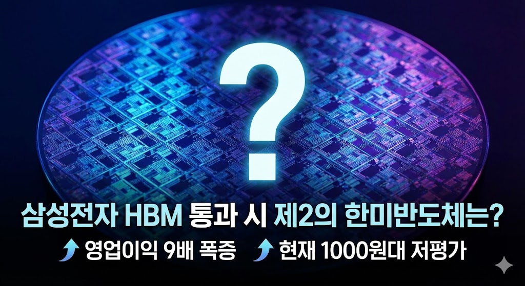 반도체 웨이퍼 이미지 위에 거대한 물음표를 배치하여 '히든 종목'에 대한 궁금증을 자아내는 이미지입니다. 삼성전자 HBM 관련 수혜주로서 '영업이익 폭증'과 '저평가'라는 매력적인 포인트를 텍스트로 강조했습니다.