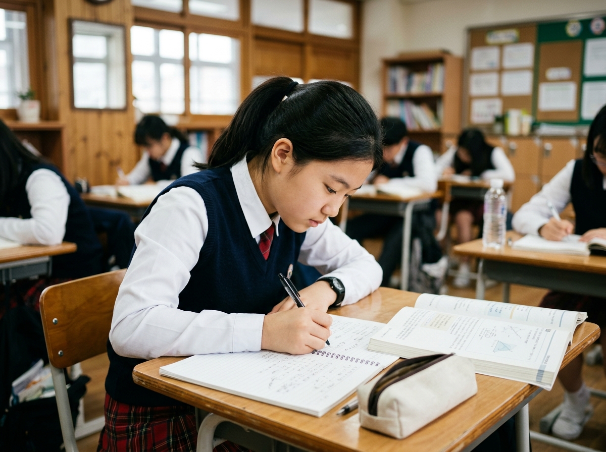 교재를 보며 직접 필기하는 한국 중학생