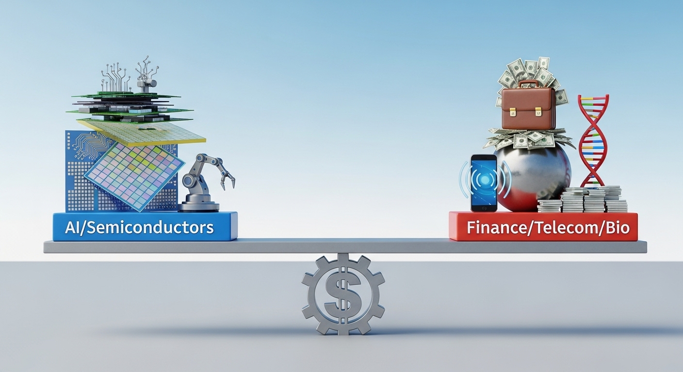 'AI/반도체'와 '금융/통신/바이오'가 균형을 이루는 시소(seesaw) 이미지