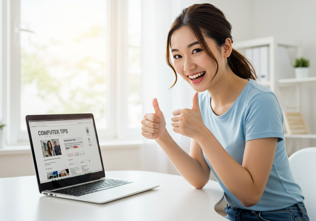 컴퓨터 팁을 성공적으로 적용하고 만족해하는 사람의 모습