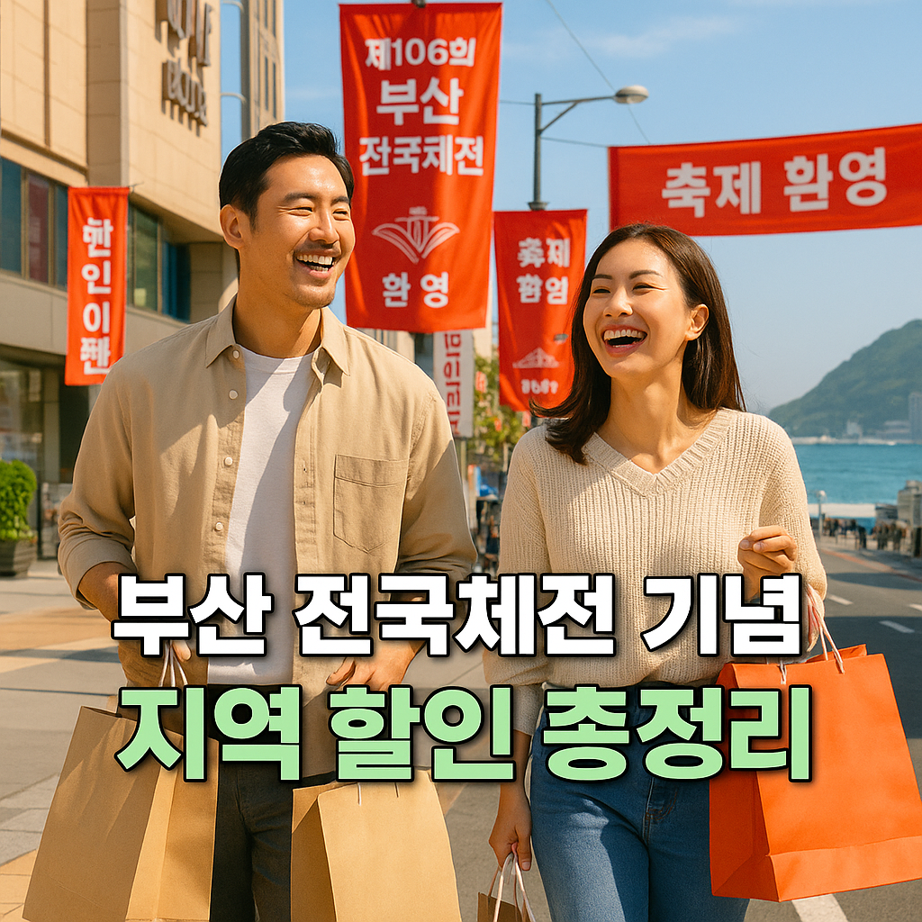 광복동 거리에서 전국체전 현수막 아래 쇼핑을 즐기는 부부