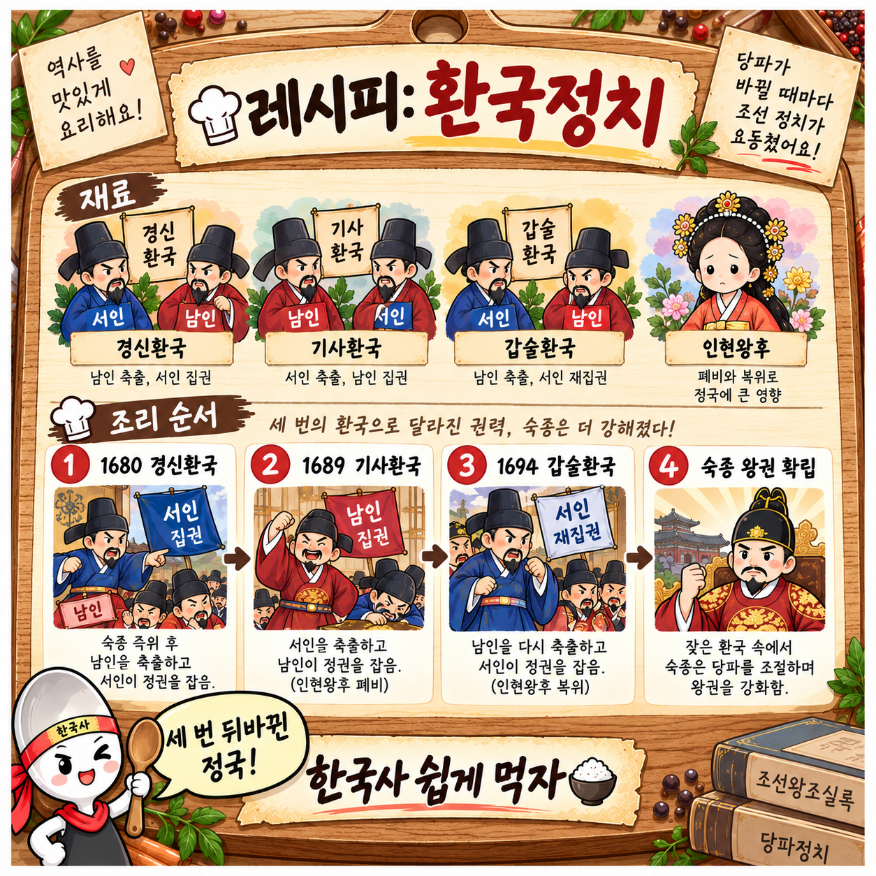 환국정치 과정을 레시피 형식으로 요약한 인포그래픽 이미지