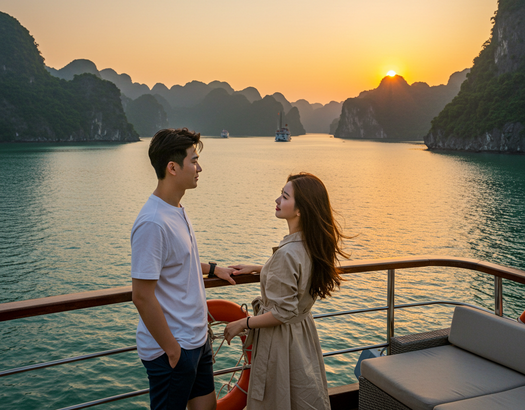 고급크루즈 갑판에서 휴식을 즐기는 연인 생성이미지