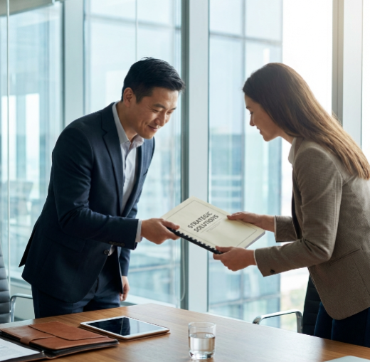 의사가 환자에게 처방전을 주듯 제안서를 건네는 비즈니스맨