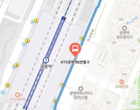 KTX광명역6번출구에서 인천공항 리무진 공항버스(6014번) 지도 위치