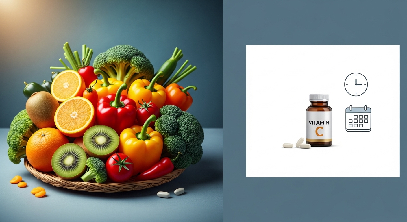 신선한 과일과 채소, 그리고 적정량을 의미하는 영양제 알약이 함께 놓여 비타민C의 균형 잡힌 섭취 방법을 나타내는 이미지.