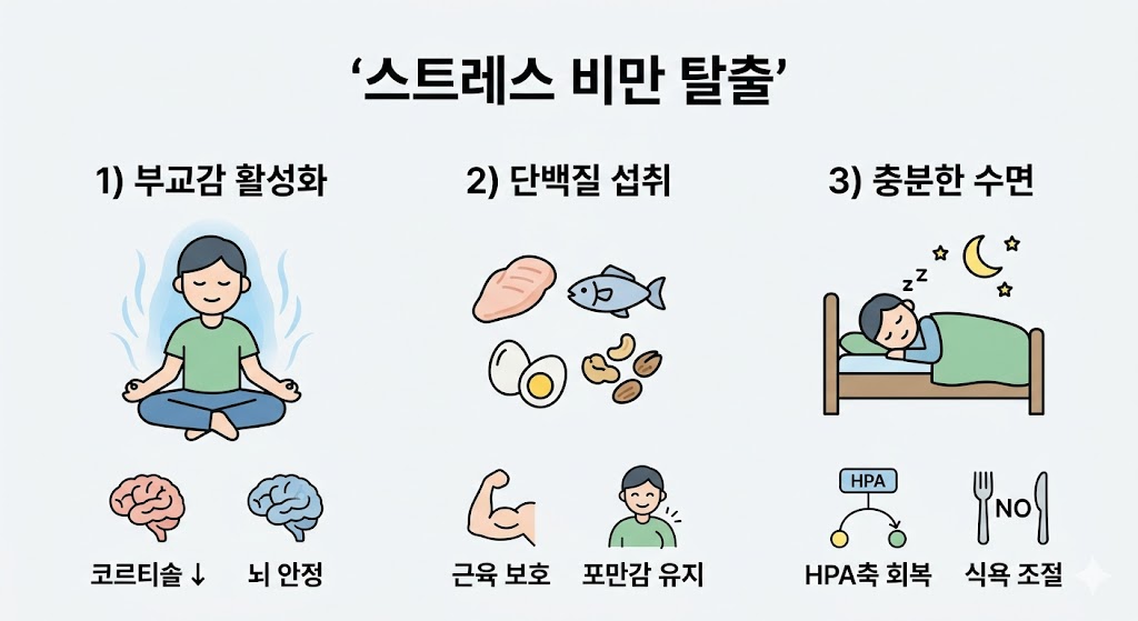 '스트레스 비만 탈출'을 주제로 한 인포그래픽으로, 명상을 통한 부교감 활성화로 코르티솔 감소와 뇌 안정을, 단백질 섭취로 근육 보호와 포만감 유지를, 충분한 수면으로 HPA축 회복과 식욕 조절을 설명합니다.