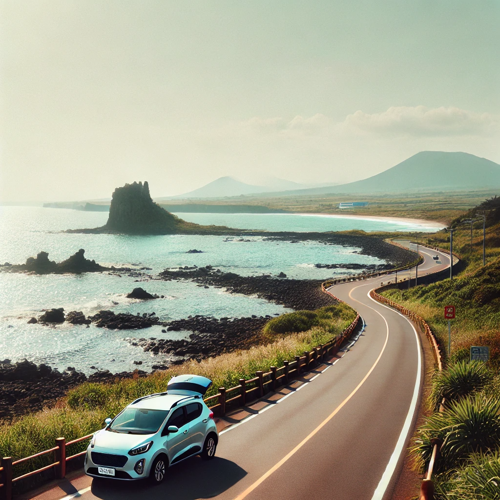 제주도 해안도로에 주차된 렌트카, 바다와 화산암이 어우러진 조용한 풍경.