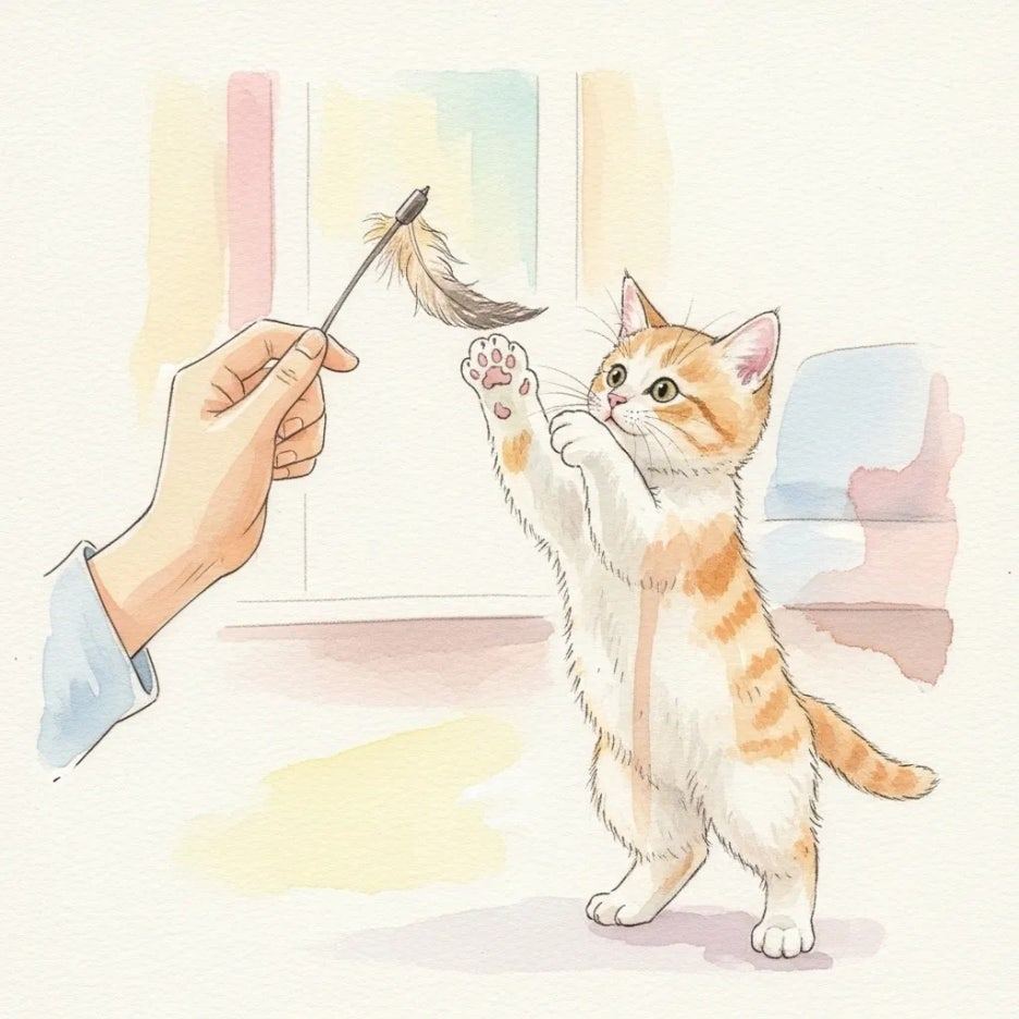 사람 손이 깃털 장난감으로 아기고양이와 노는 모습