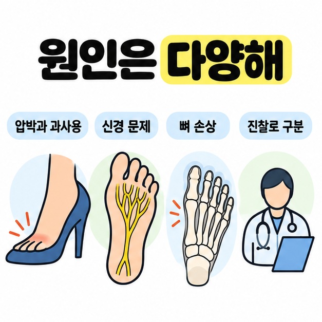 압박과 과사용, 신경 문제, 뼈 손상을 신발과 발의 신경 및 뼈 그림으로 구분하고 의료진의 진찰로 원인을 확인하도록 안내한 도식