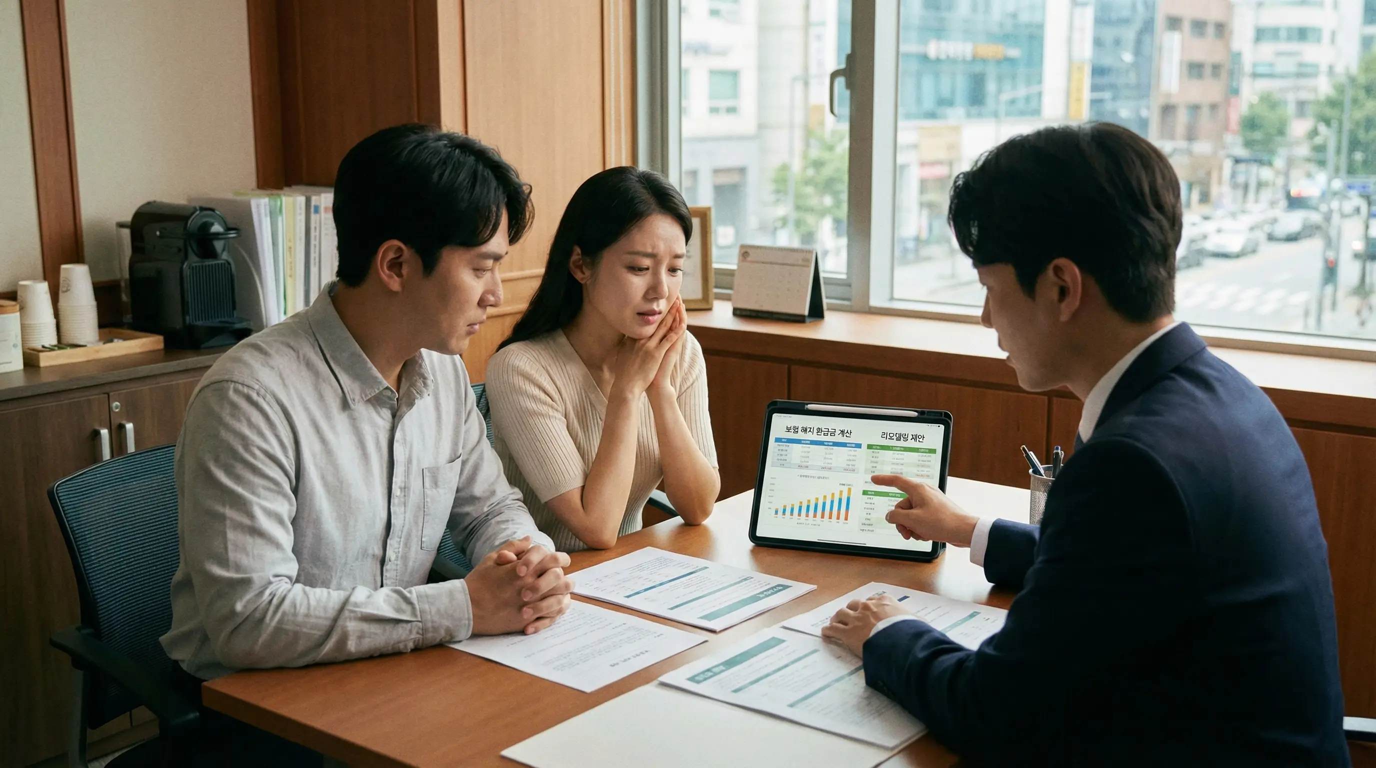 보험 전문가와 마주 앉아 태블릿 PC로 보험 해지 환급금을 계산하며 리모델링 상담을 받는 모습