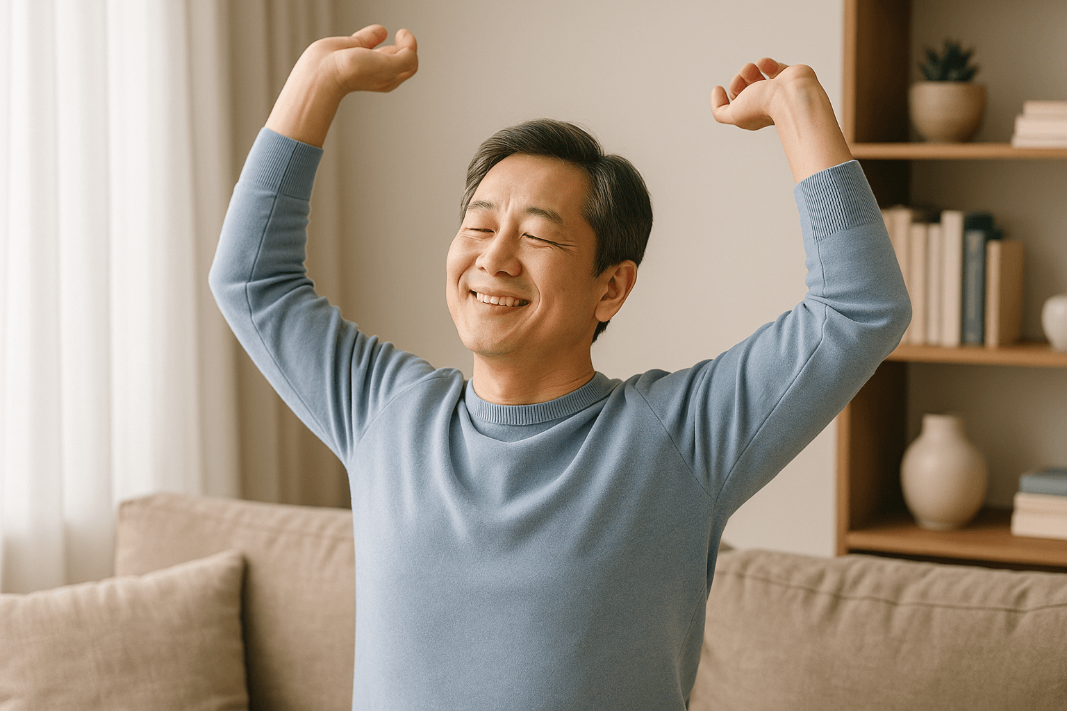 식이섬유 섭취 후 소화가 편안해진 중년 남성이 거실에서 기지개를 펴며 만족스러운 표정을 짓는 장면