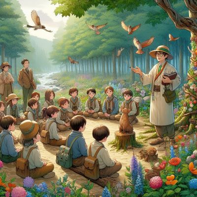 산림치유지도사가 참가자들에게 숲의 요소(나무, 꽃, 새소리 등)를 설명하는 장면