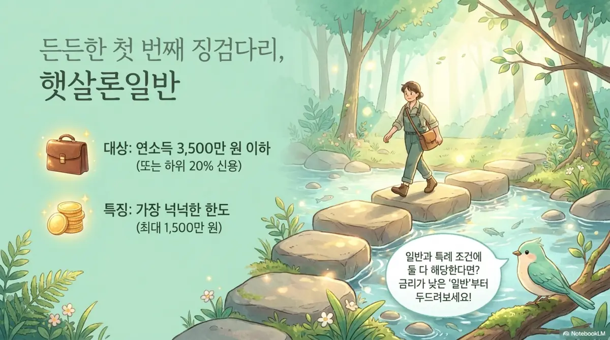 햇살론 대출: 숲속 개울의 징검다리를 건너는 사람과 서류가방·금화 아이콘이 놓인 일러스트. 연소득 3,500만 원 이하 또는 신용 하위 20%가 대상이고 최대 1,500만 원으로 가장 넉넉한 한도를 가진 햇살론일반의 대출조건, 그리고 일반과 특례에 모두 해당하면 금리가 낮은 일반부터 신청하라는 안내를 시각적으로 전달하며, 블로그의 햇살론 비교 주제와 관련된 내용을 설명함