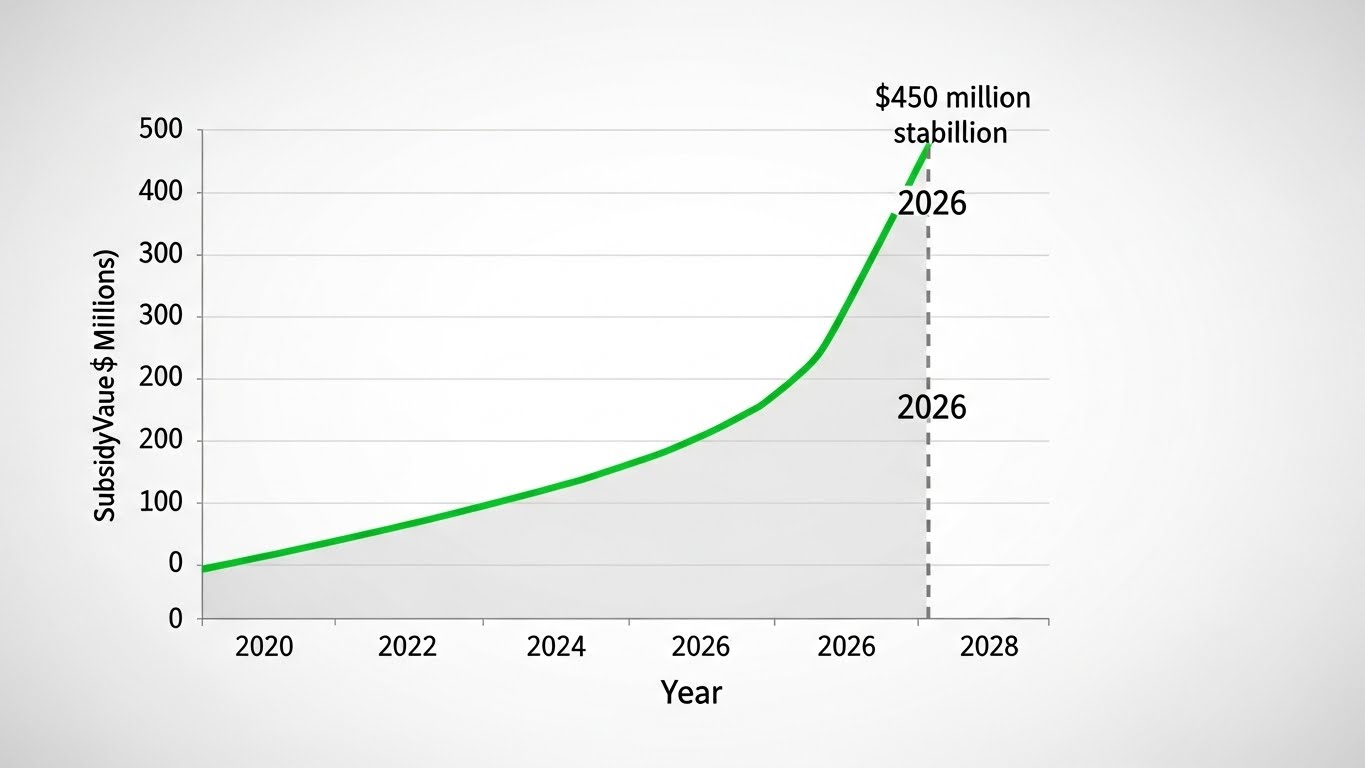 A conceptual image showing a graph of electric vehicle subsidies stabilizing in 2026, business presentation style.