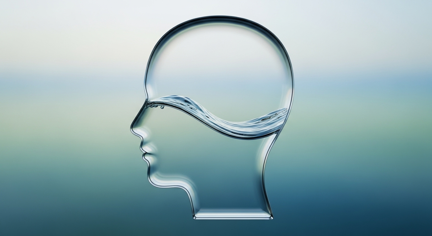 맑고 잔잔한 물로 채워진 투명한 머리 실루엣, 평온한 마음을 상징