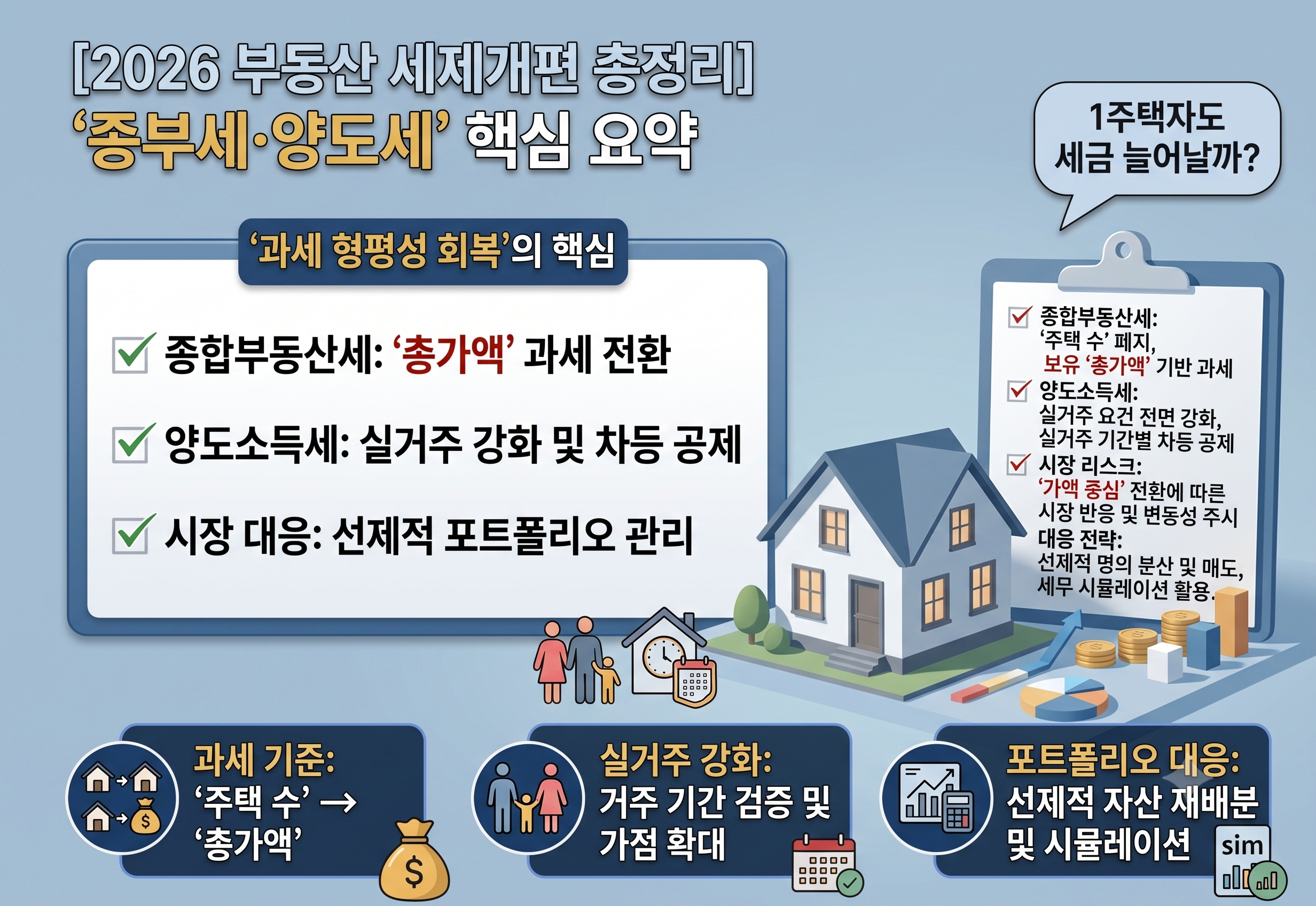[2026 부동산 세제개편 총정리] 종부세의 총가액 과세 전환과 양도세의 실거주 요건 강화, 기간별 차등 공제 등 주요 변경 사항을 담은 인포그래픽입니다. 과세 기준 변경과 1주택자 영향, 선제적 자산 재배분 등 시장 대응 전략을 아이콘과 함께 핵심적으로 설명합니다.
