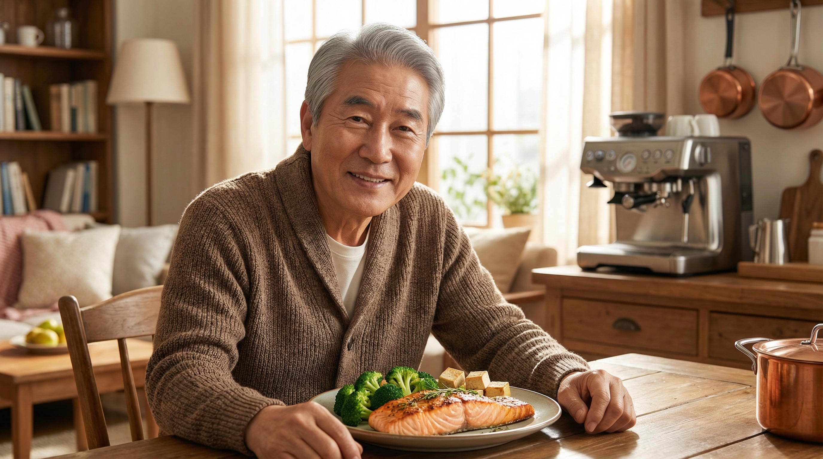 연어와 두부 식단을 앞에 둔 인자하고 건강한 70대 할아버지 사진