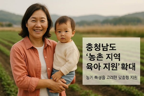 충청남도 농촌에서 아이를 안고 있는 젊은 부모, 농가 배경, 정겨운 마을 풍경, 감나무와 논밭, 따뜻한 햇살, 감성적 분위기, 디지털 페인팅 스타일, 높은 해상도 디지털 아트, 정교한 브러시 효과, 다양한 레이어, 풍부한 텍스처, 정밀한 디테일, 디지털 캔버스, 블렌딩 모드 사용, 이미지 내 텍스트: "충남 농촌의 따뜻한 육아 지원"