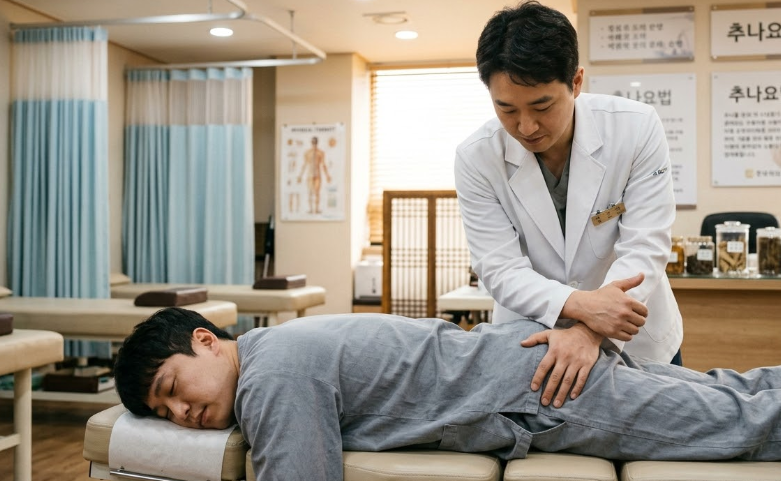 환자에게 추나요법을 적용하고 있는 한의사
