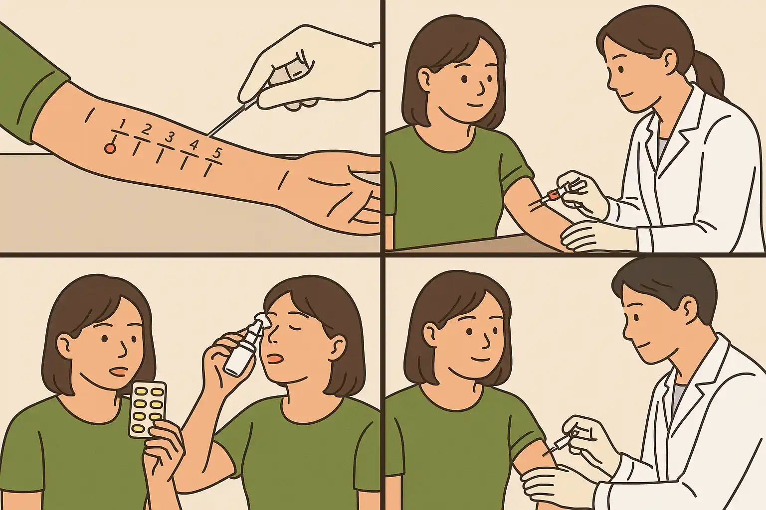 알레르기 피부반응 검사(팔에 소량 투여 후 반응 확인), 혈액 검사 장면, 약물치료(알약, 스프레이, 안약), 면역치료(주사 맞는 모습)