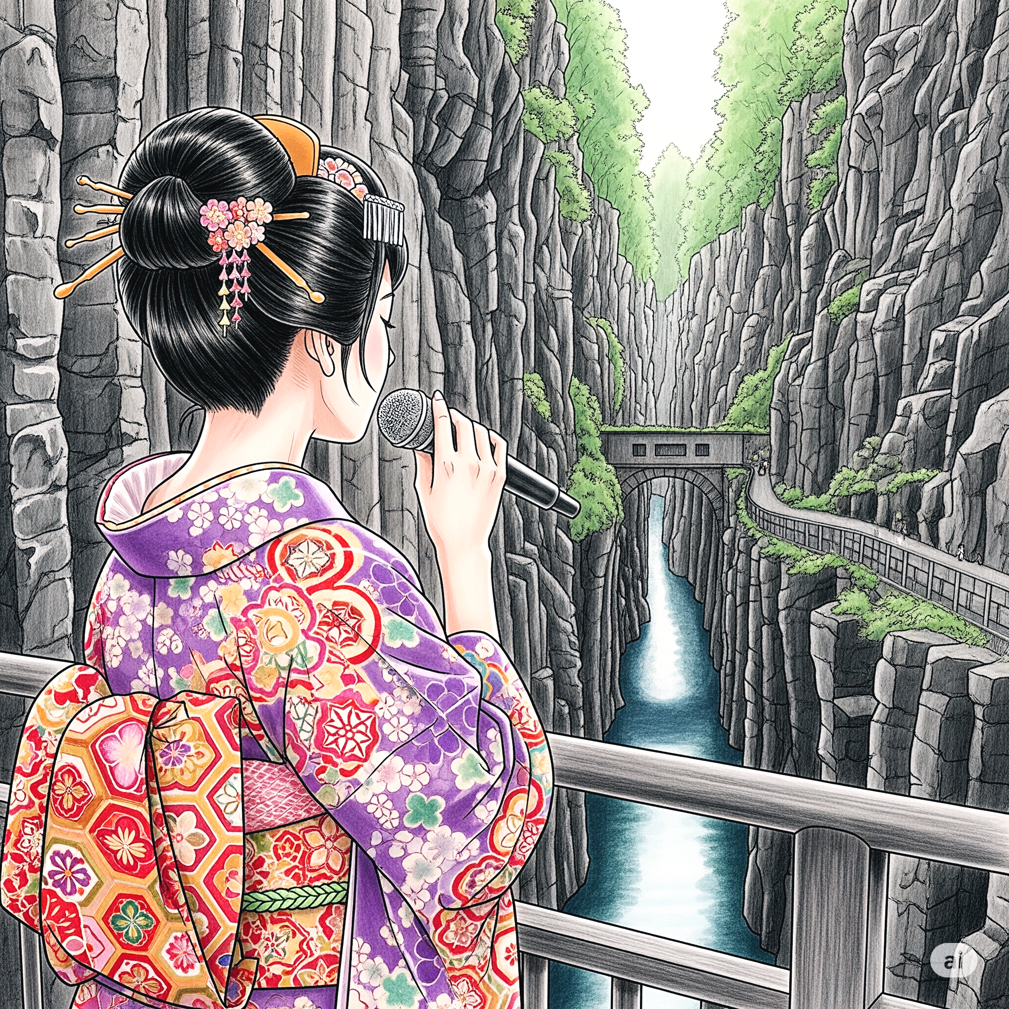 협곡을 바라보며 노래하는 여인