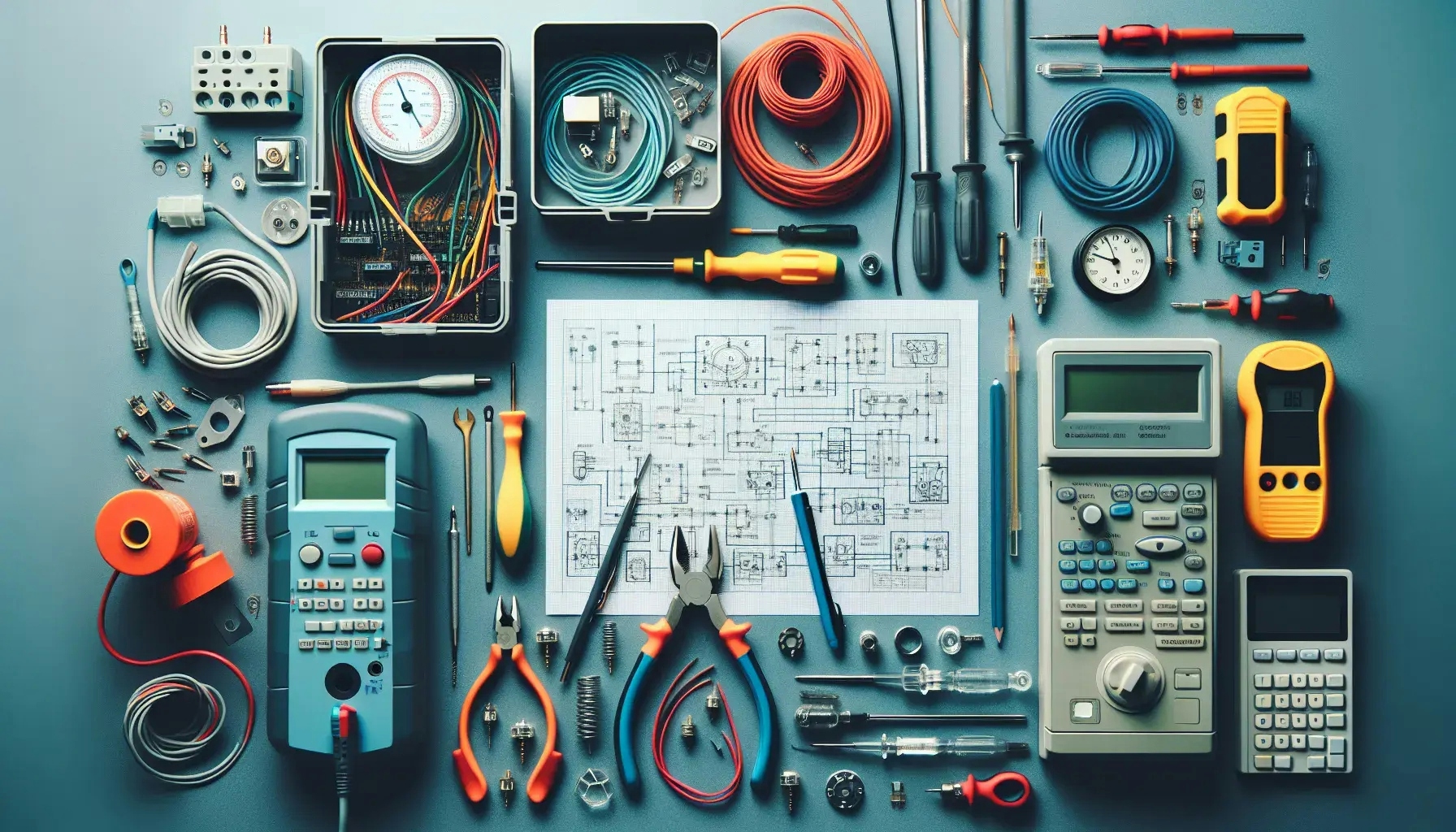가전 제품 문제 해결을 위한 다양한 도구와 가전 제품이 배경인 이미지