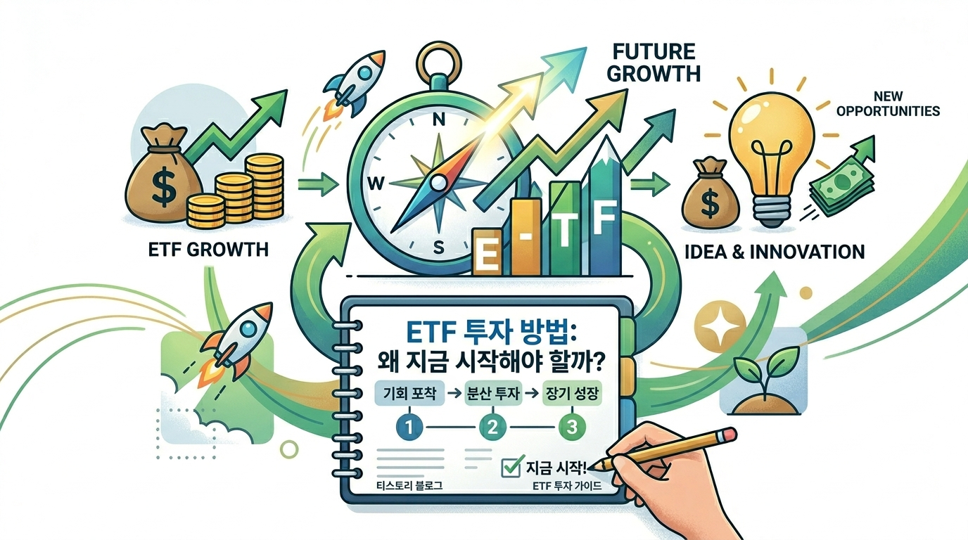 ETF 투자 방법: 왜 지금 시작해야 할까? - 장기 성장을 위한 3단계 ETF 투자 가이드 인포그래픽