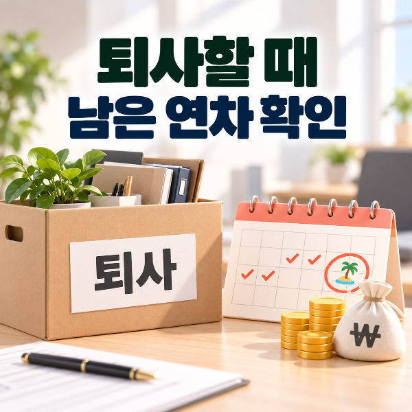 퇴사할 때 남아 있는 연차와 미사용 연차수당을 확인하도록 퇴사 박스와 달력 동전으로 안내하는 이미지