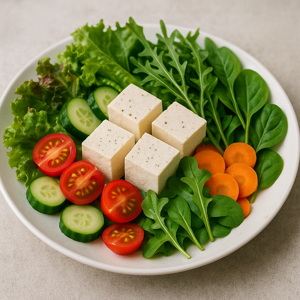 두부 샐러드가 담긴 건강식 한 끼.