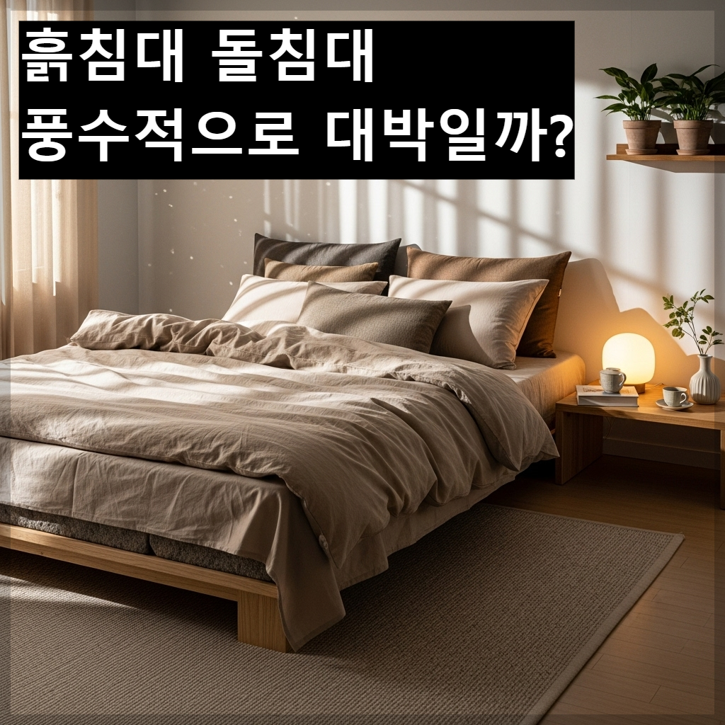 한국식 아파트 침실에 놓인 심플한 원목 프레임의 돌침대 위에 푹신한 베이지색 침구가 깔려 있어 아늑하고 따뜻한 분위기를 주는 인테리어 사진