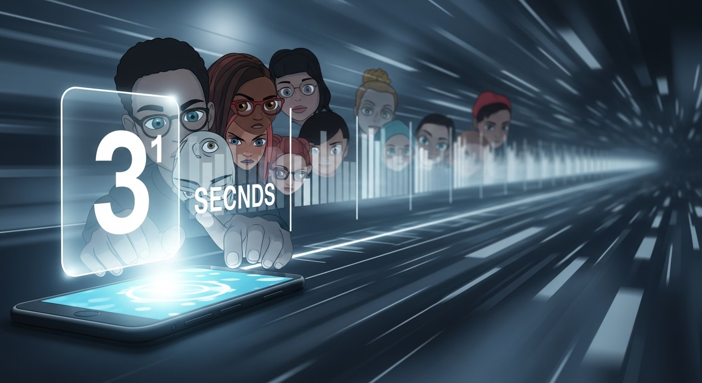 Z세대의 짧은 집중 시간을 상징하는 '3초 후킹' 시각화. 스마트폰 화면 속 영상의 첫 3초 구간이 강렬하게 빛나며 여러 Z세대 시청자들의 시선을 압도하는 모습입니다.