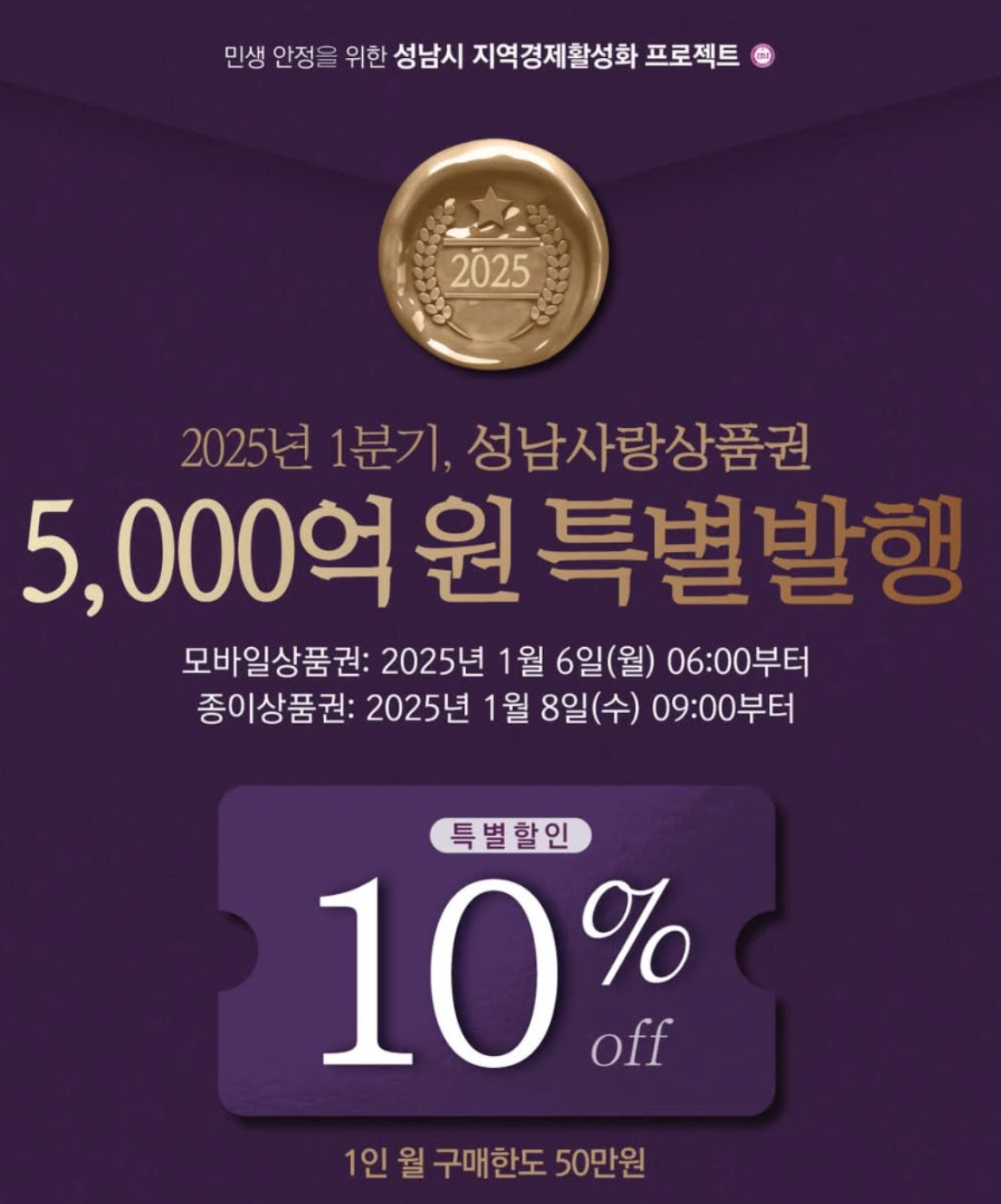 성남사랑상품권 2025년 1분기 5천억 특별발행