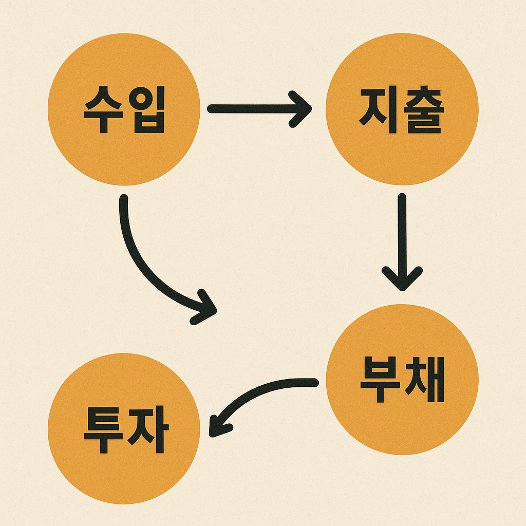 돈의 흐름 다이어그램 (수입 → 지출 → 부채 → 투자)
